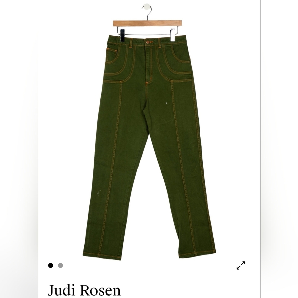 Judi Rosen High-Rise Green Jeans with Orange Stitching